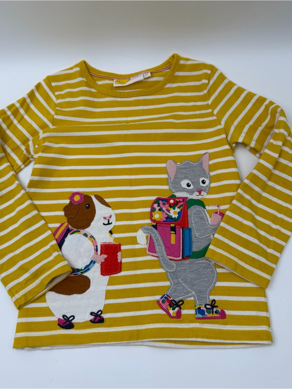 Mini Boden Yellow and White Striped Long-Sleeve Top with Animal Appliqués